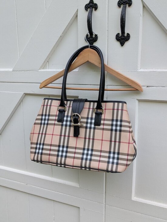 Burberry Handbags - Burberry Nova Check Canvas & Black Leather Buckle Handbag (Established 1856)